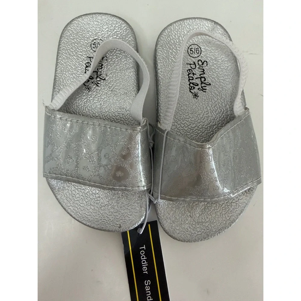 Simply Petals Toddler Sandals Silver Metallic Leopard Print Elastic Strap 5/6T
